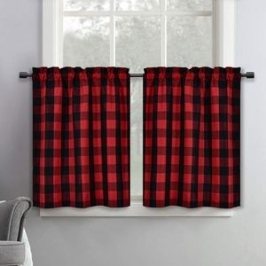 Red and Black Plaid Kitchen Curtains for Cabin or Lodge 29"x37"